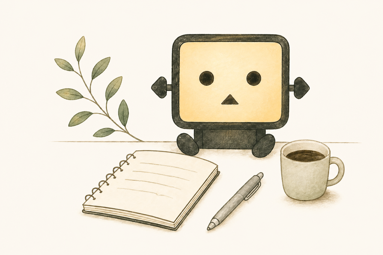 植物のそばでノートとペン、マグカップに囲まれて座るロボットの手描きイラスト